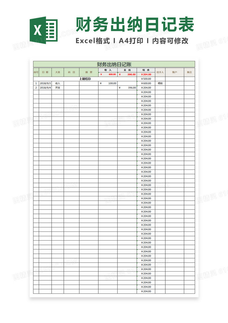 简约财务出纳日记账excel模板