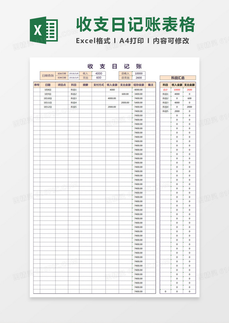 收支日记账excel模板