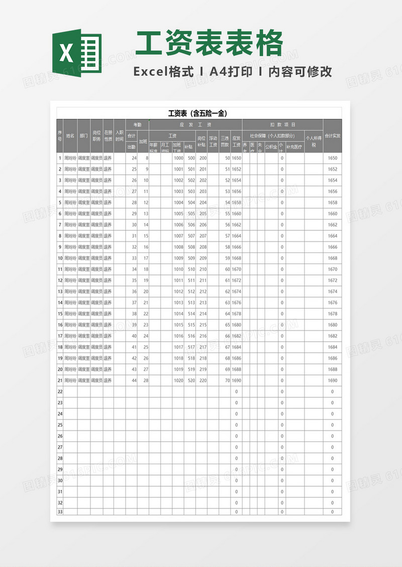 工资表（含五险一金）Excel模板