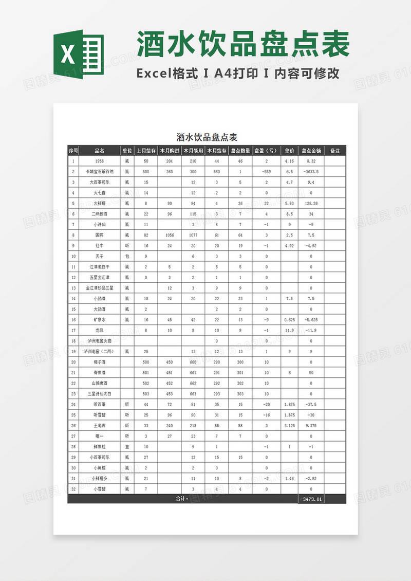 酒水饮品盘点表酒水盘点记录Excel模板