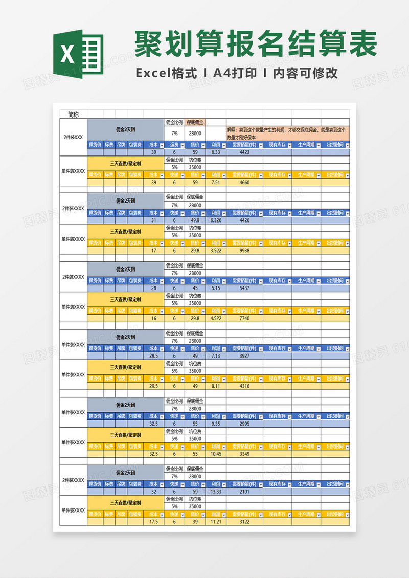 财务聚划算报名结算表excel模板