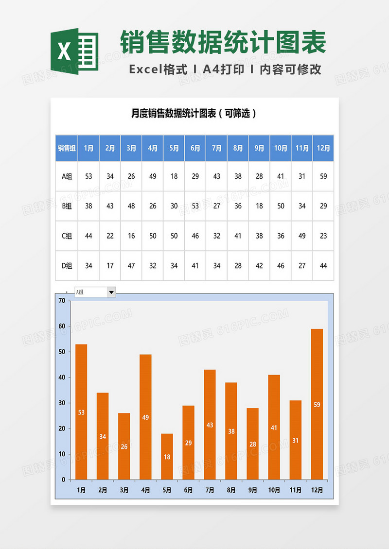 月度销售数据统计图表（可筛选）Excel模板