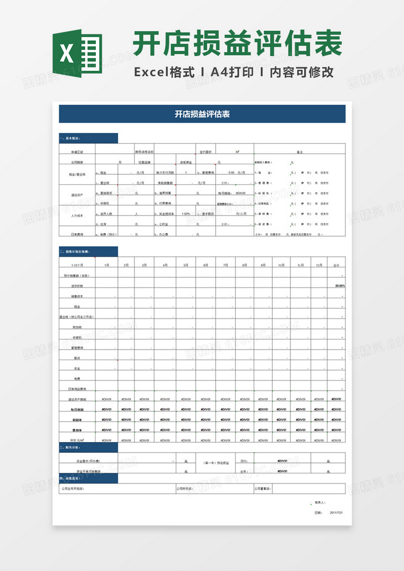 开店损益预算评估表excel模板