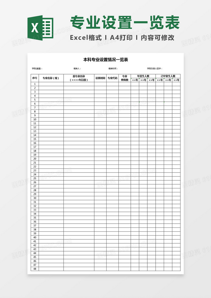 本科专业设置一览表Excel模板