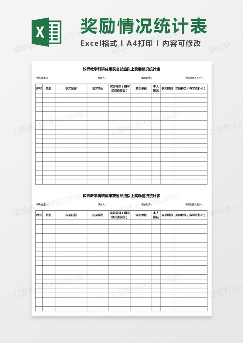 教师教学、科研成果获省部级以上奖励情况统计表Excel表格模板