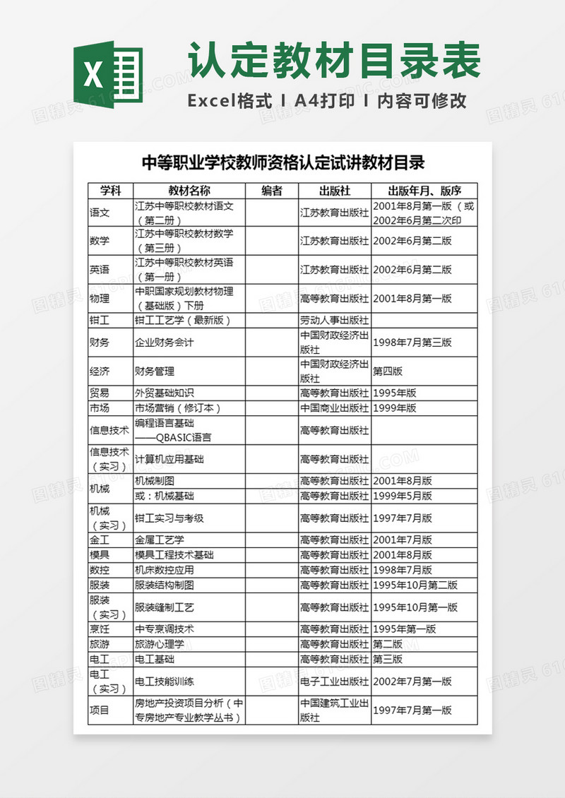 教师资格认定试讲教材目录Excel模板