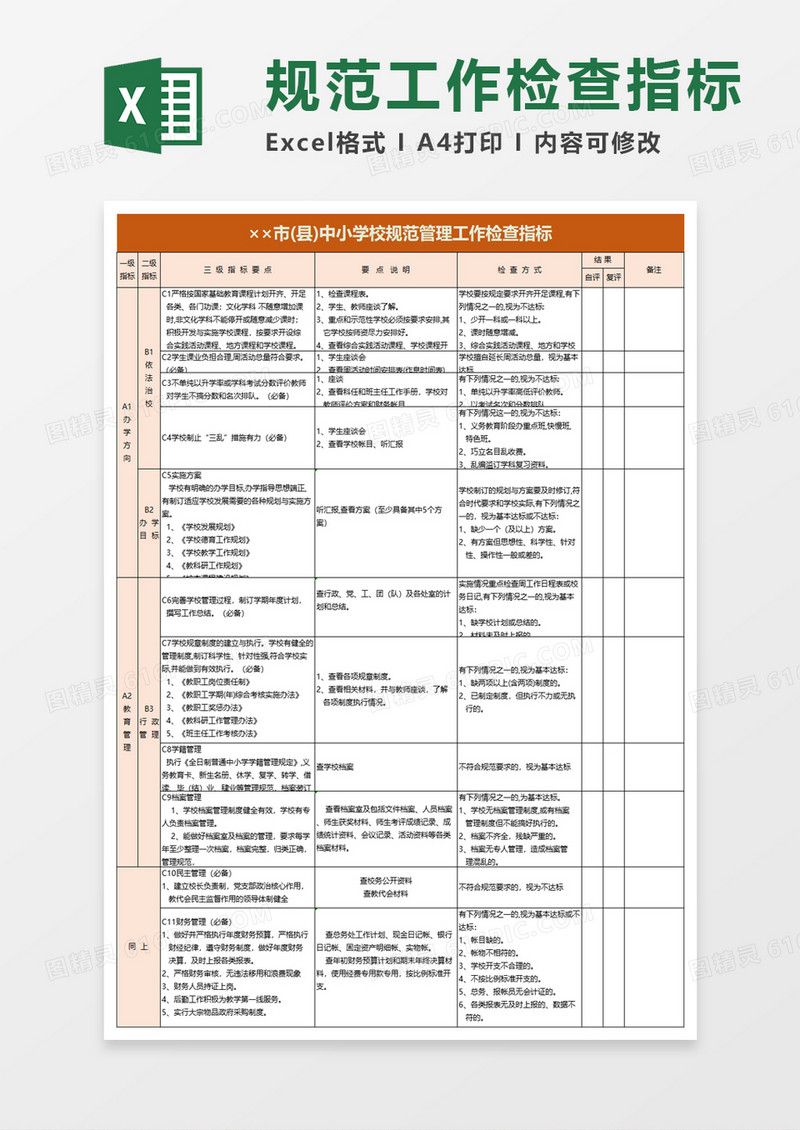 中小学校规范管理工作检查指标excel模板