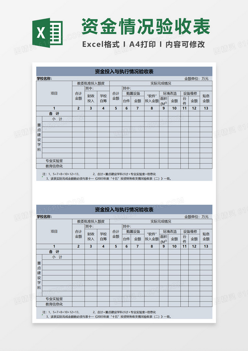 学校资金投入与执行情况验收表excel模板