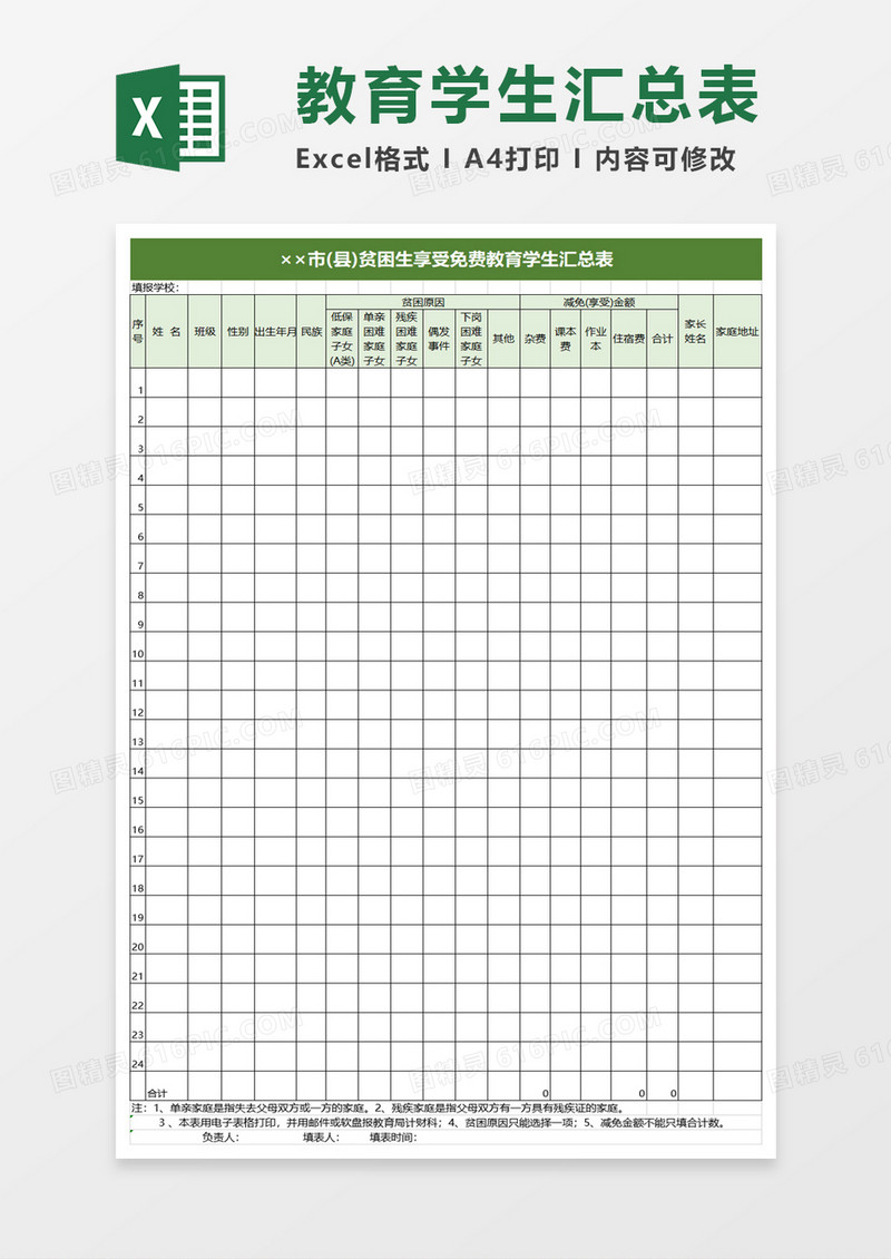 贫困生享受免费教育学生汇总表excel模板