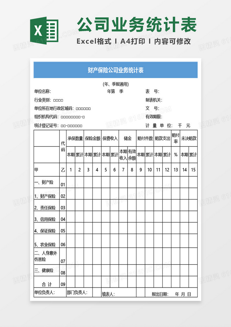 财产保险公司业务统计表excel模板