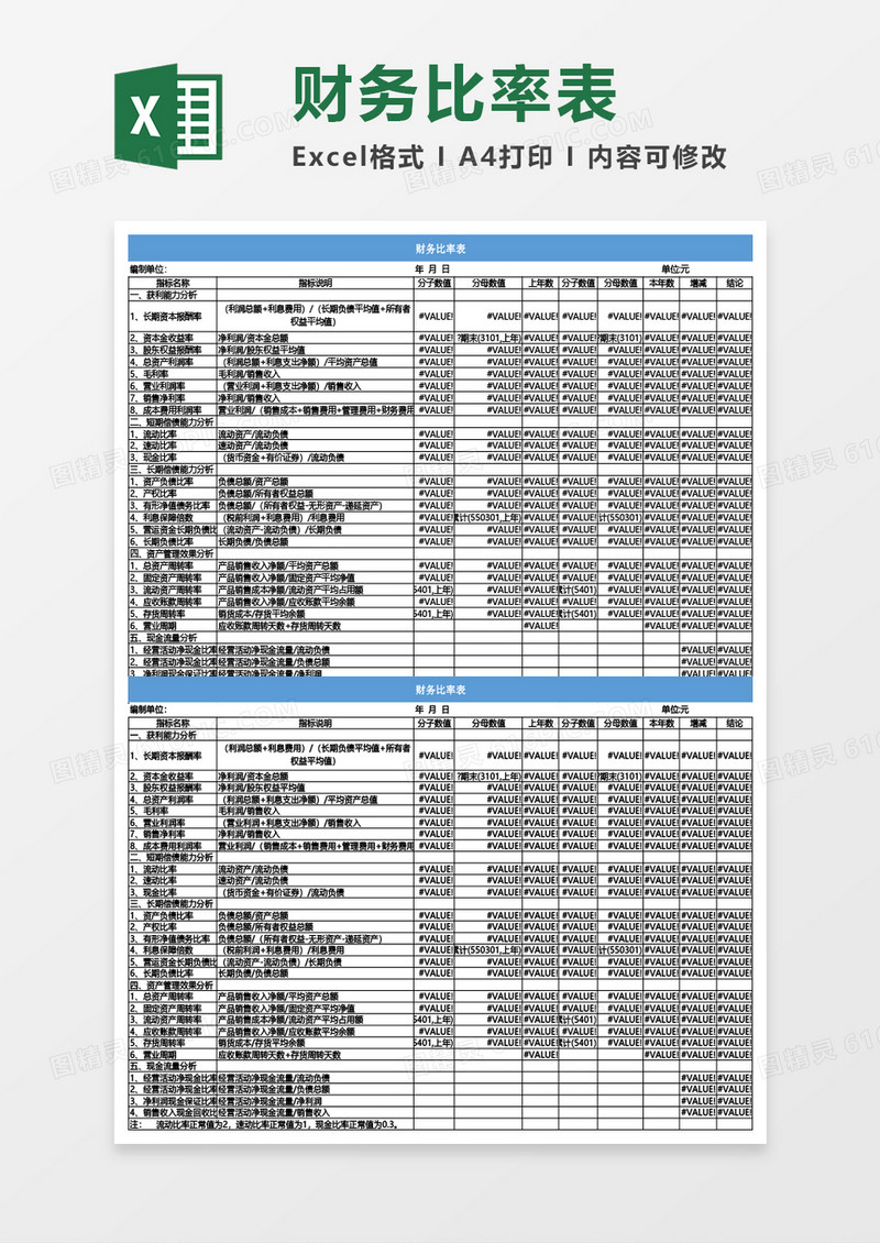 财务比率表Excel模板