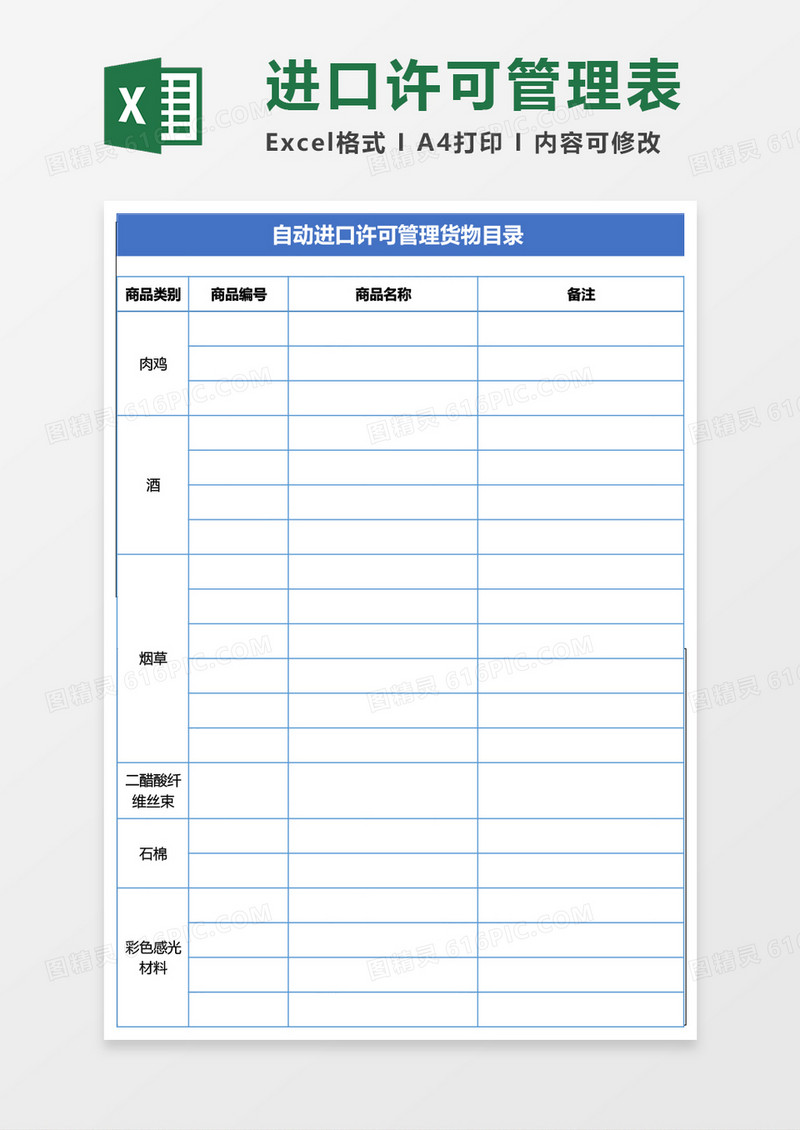 自动进口许可管理货物目录Excel模板
