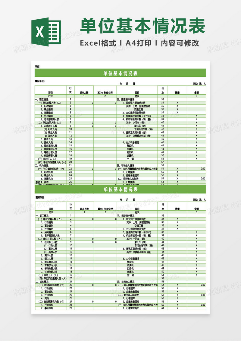 单位基本情况表Excel模板