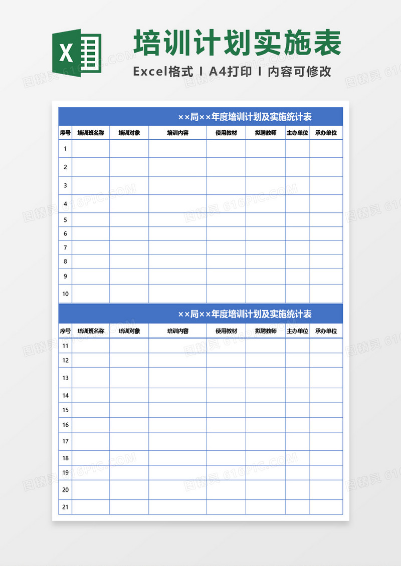 年度培训计划及实施统计表Excel模板