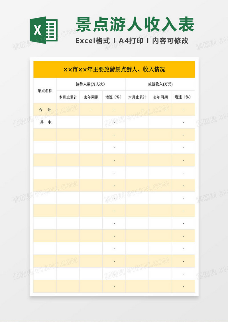旅游景点游人收入情况表Excel模板