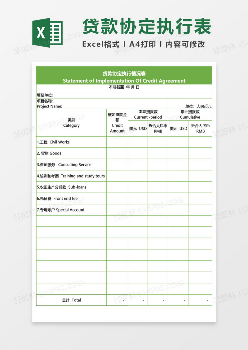 中英文贷款协定执行情况表Excel模板