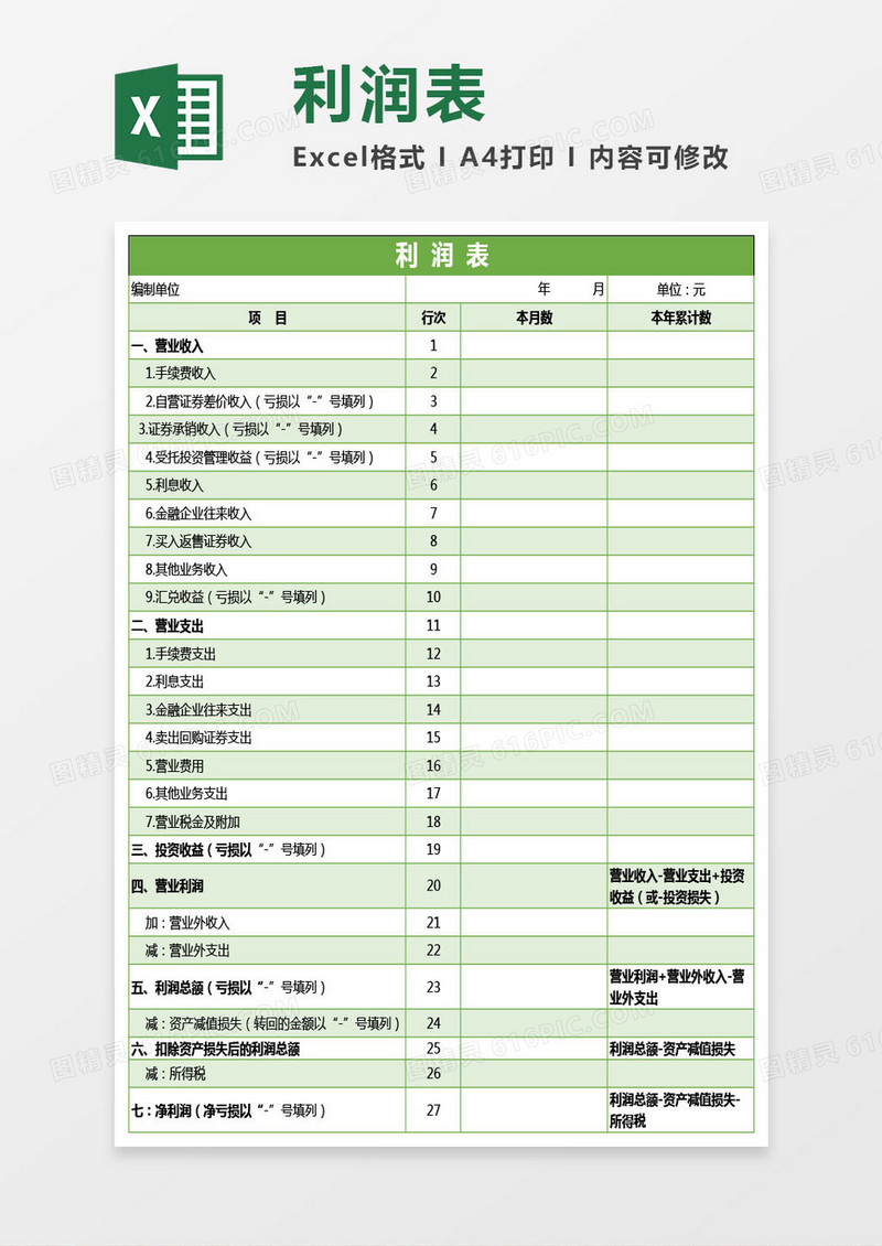 财务利润表Excel模板