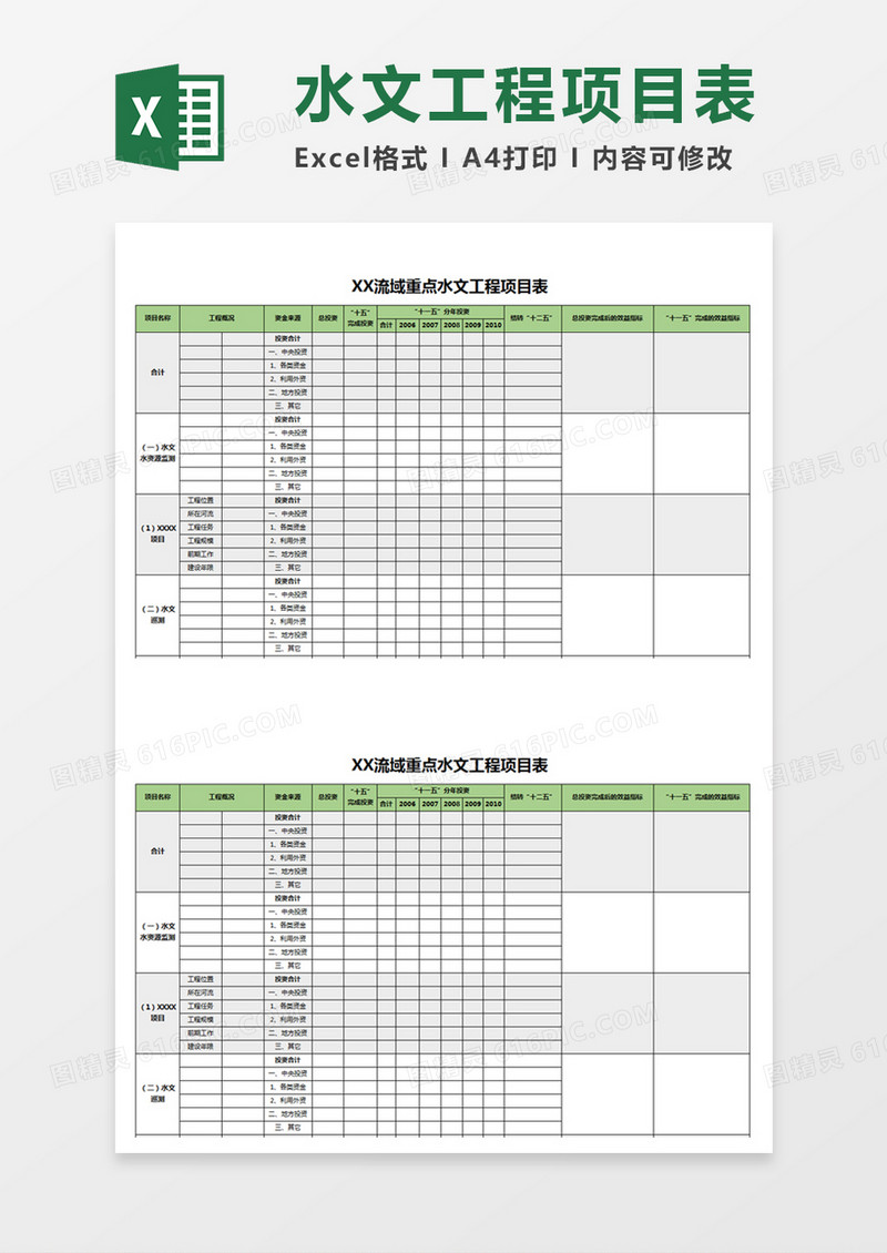 流域水文工程项目表Excel模板