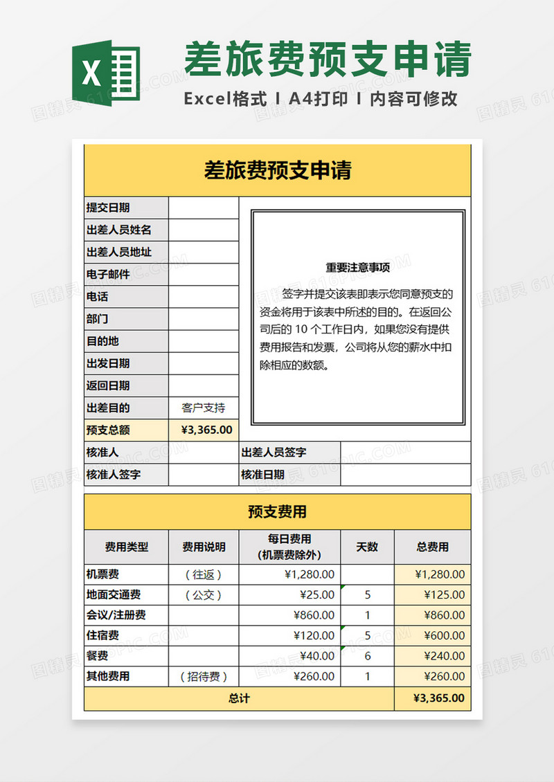 差旅费预支申请Excel模板