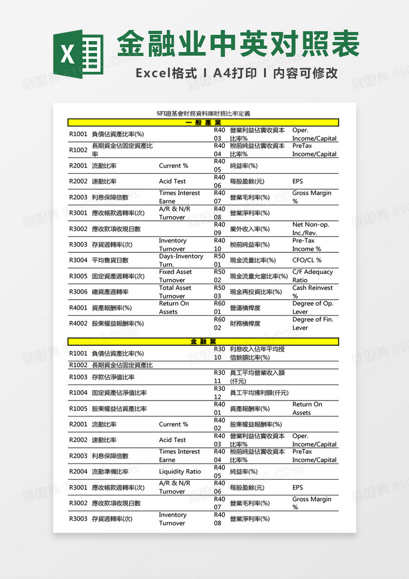 金融业中英文对照Excel模板