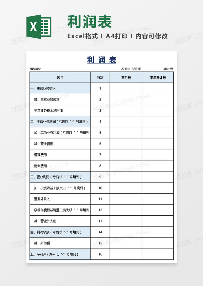 可编辑利润表Excel模板