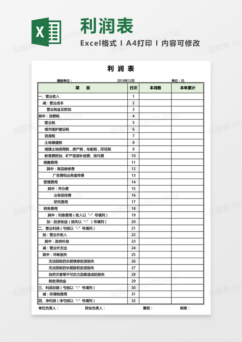 公司财务利润表通用Excel模板