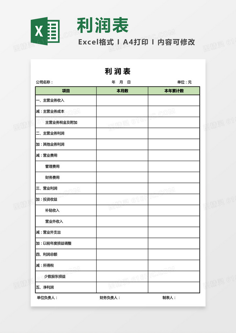 年度利润表通用Excel模板