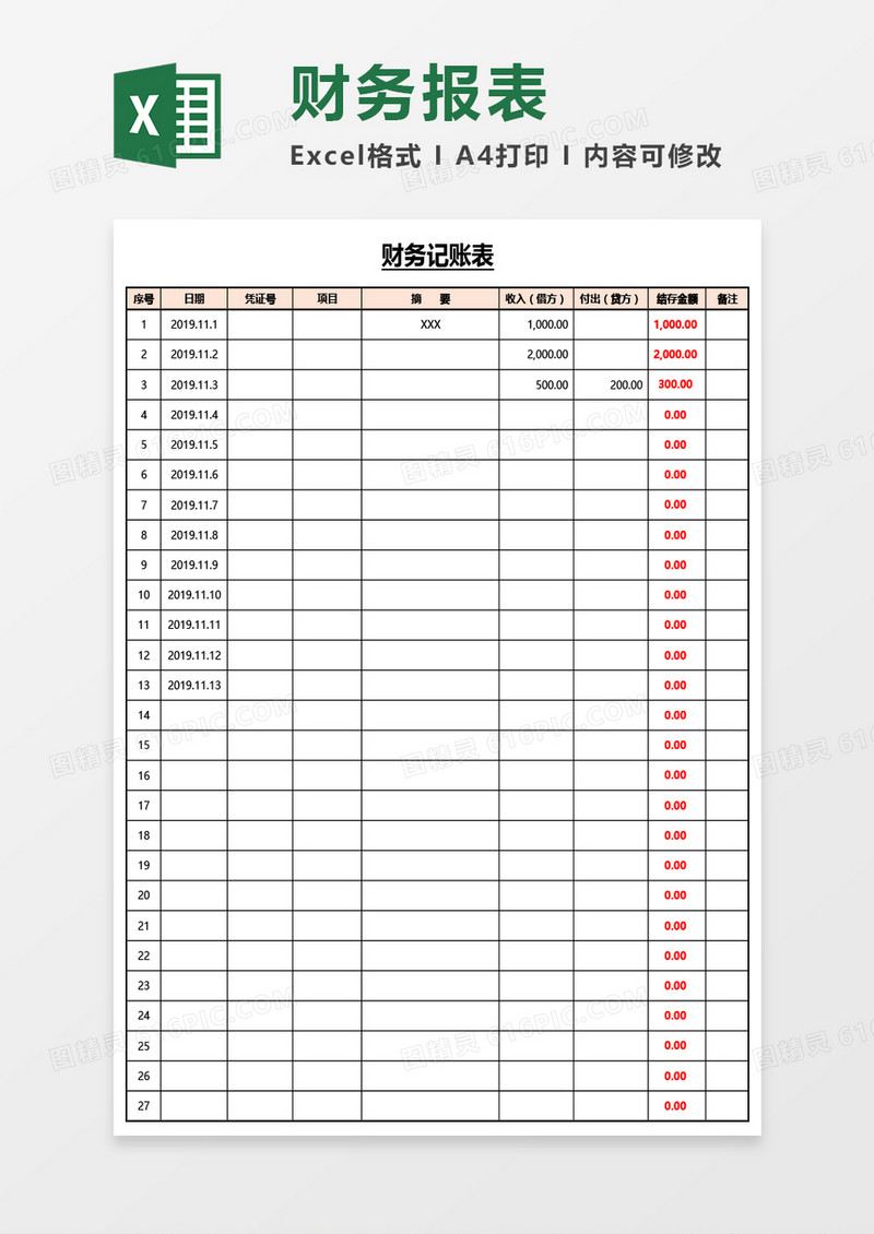 财务记账明细表Excel模板