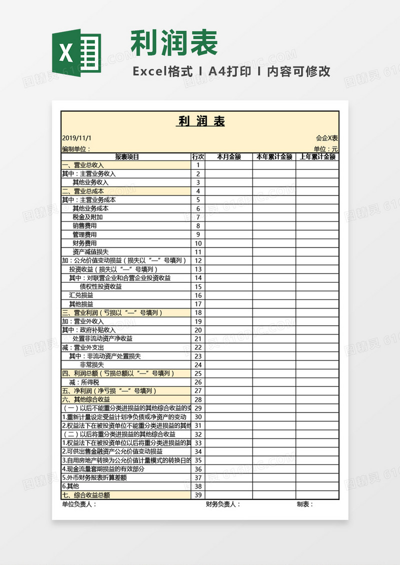 详细版企业利润表Excel模板