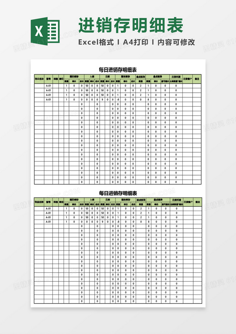 每日进销存明细表Excel模板