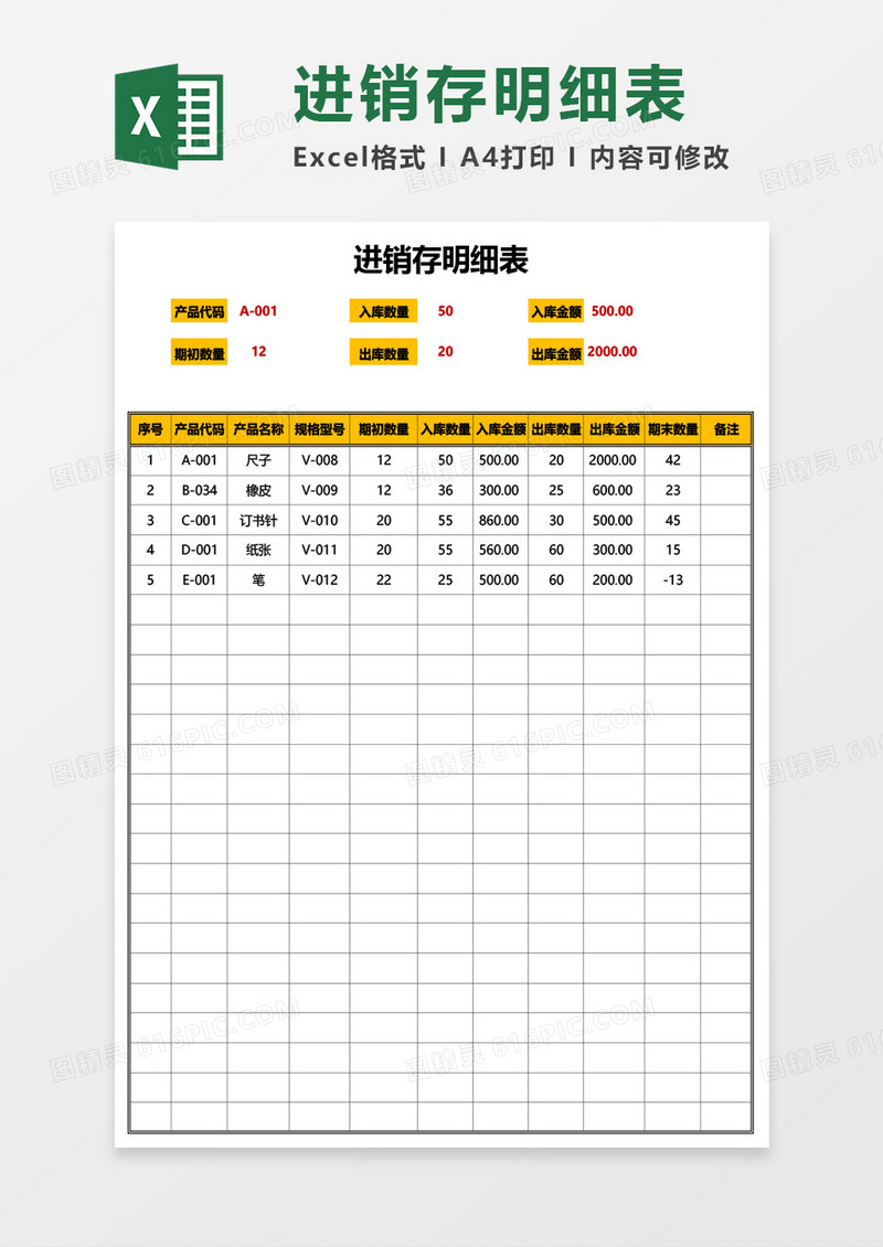 公司进销存明细表Excel模板