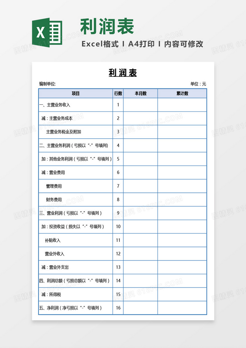 蓝色边框利润表Excel模板