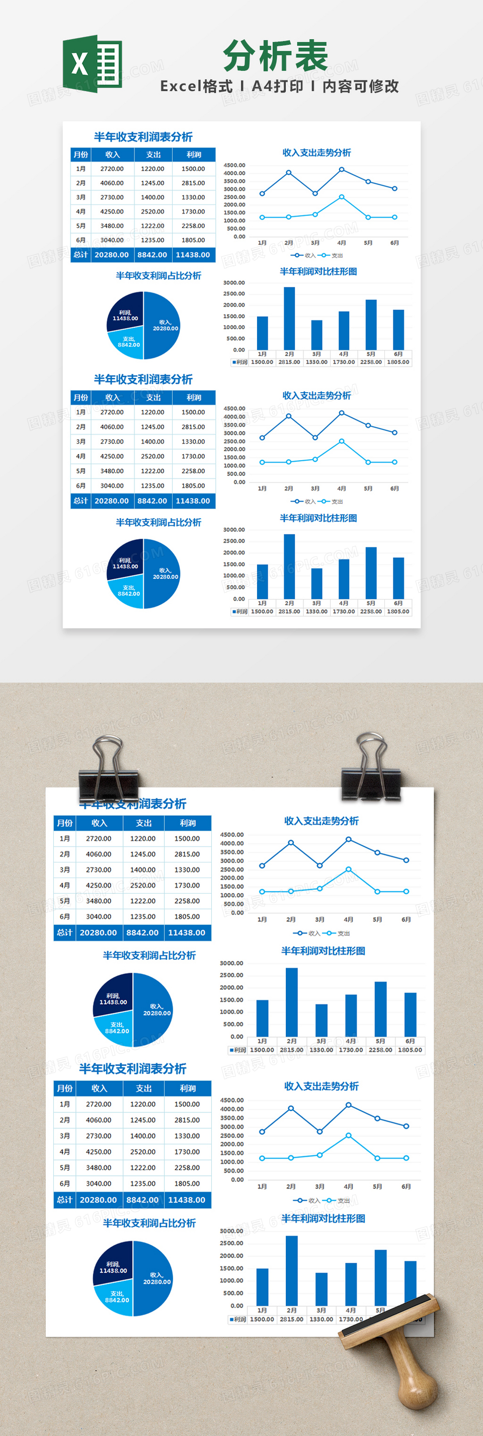 蓝色简约半年收支利润分析表excel模版