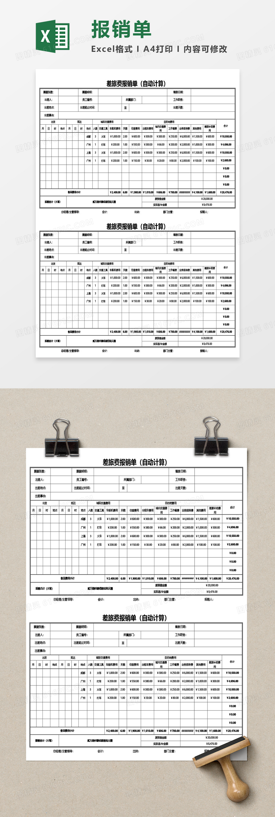 差旅费报销单（自动计算）Excel模板