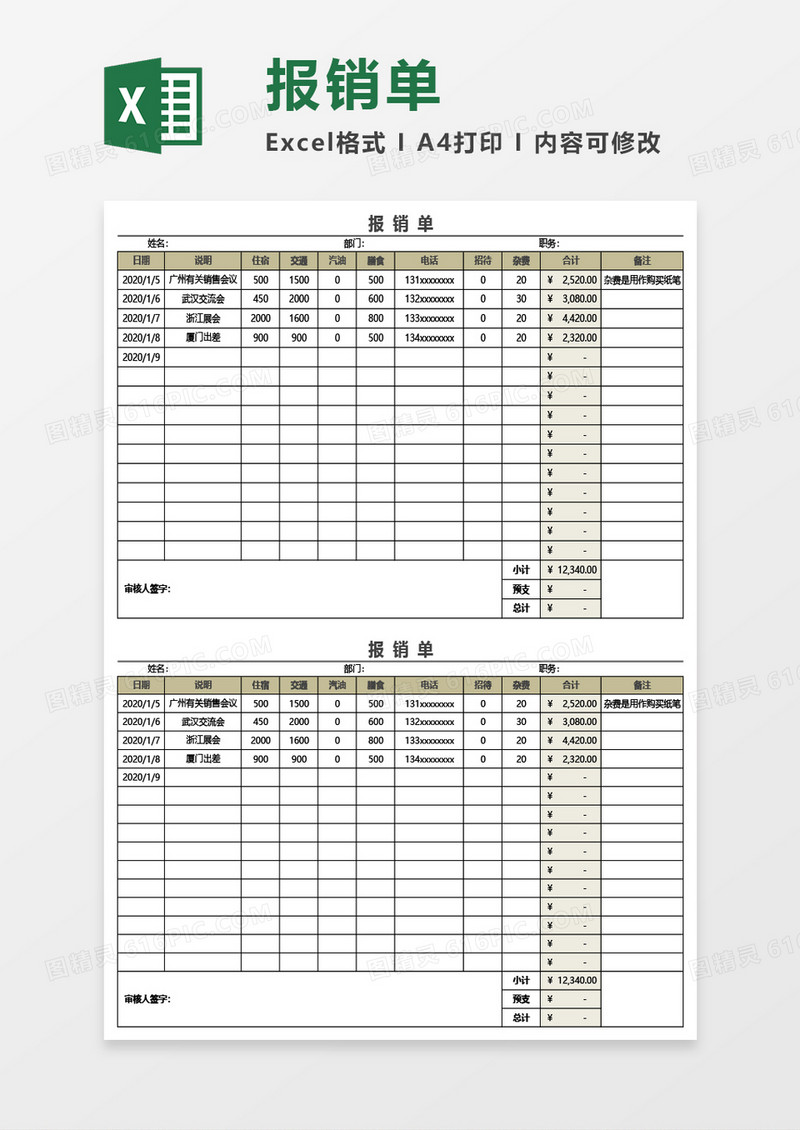 实用报销单Excel模板