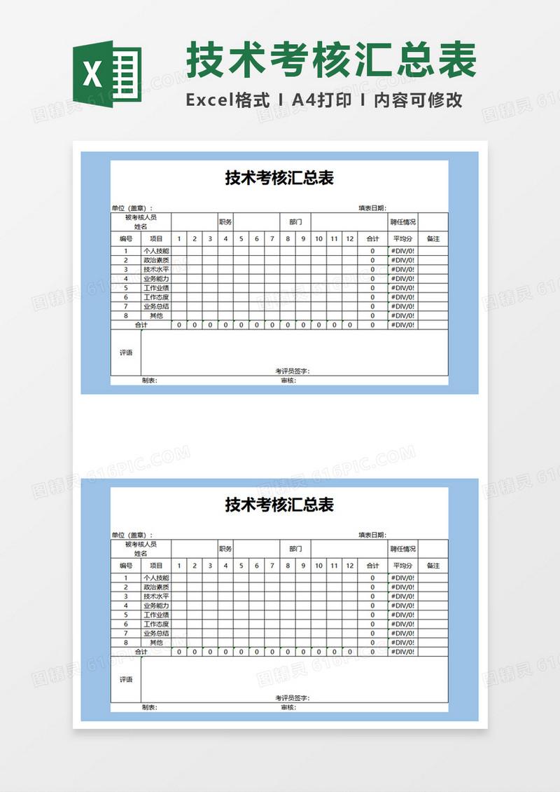 技术考核汇总表excel模板