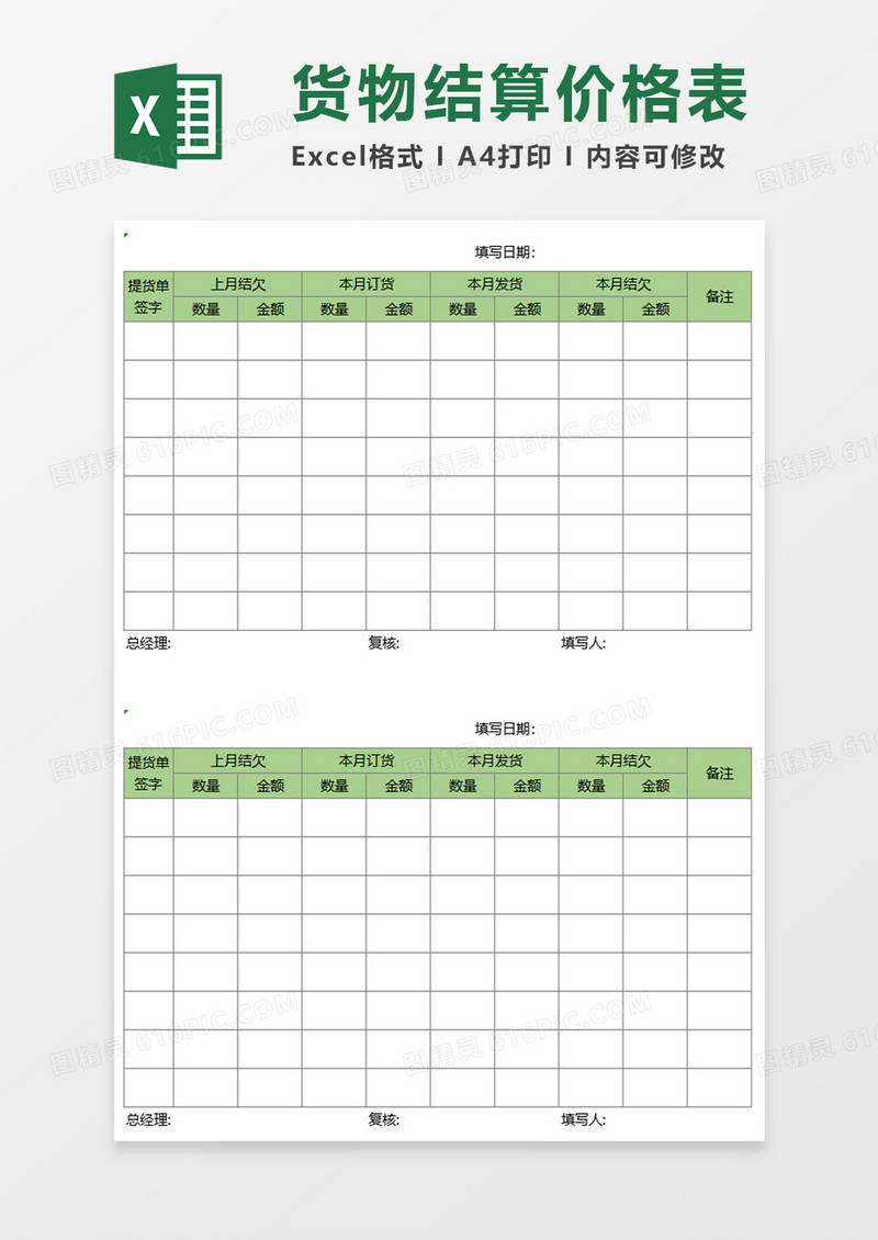 货物结算价格表excel模板