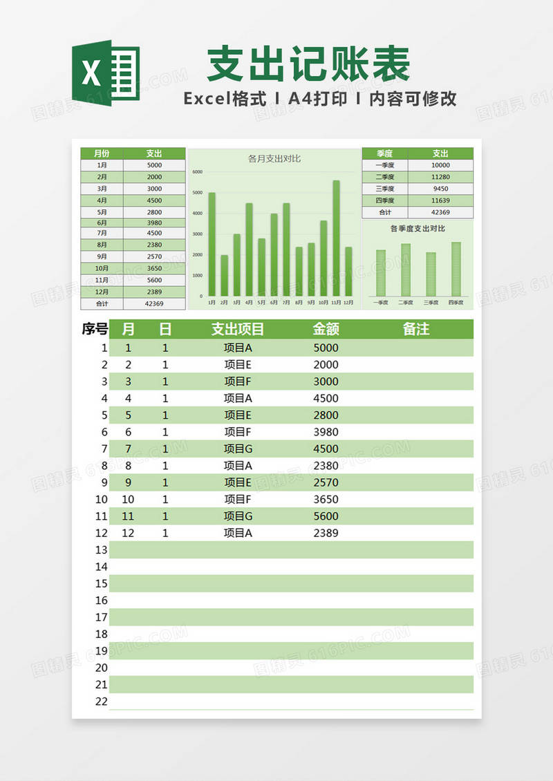 绿色简约各月支出记账表excel模版