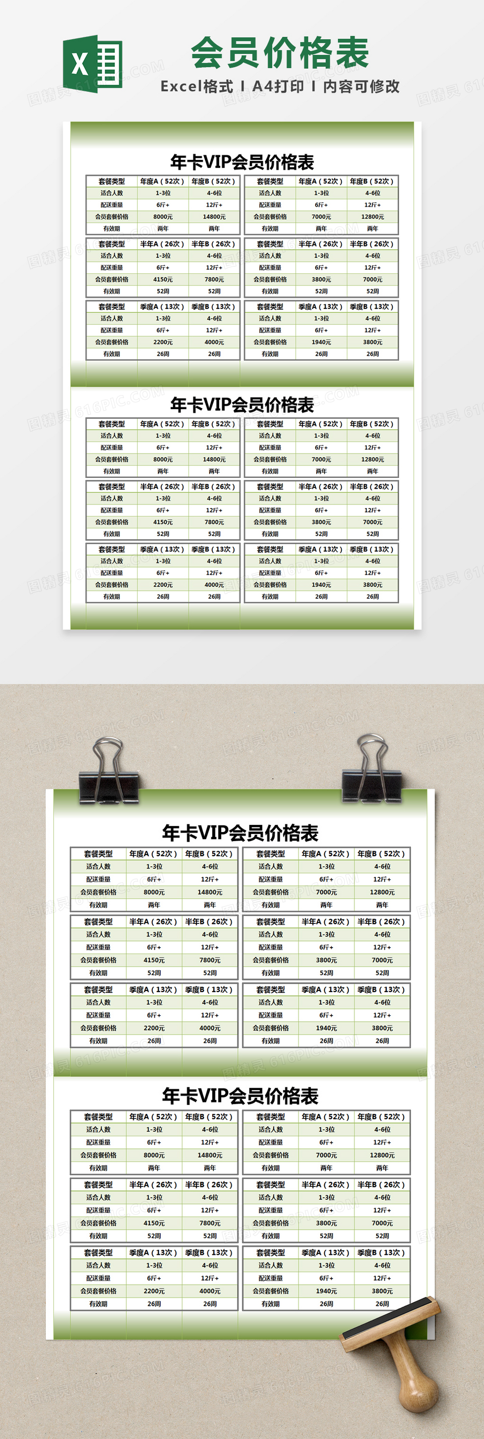 绿色简约年卡VIP会员价格表excel模版