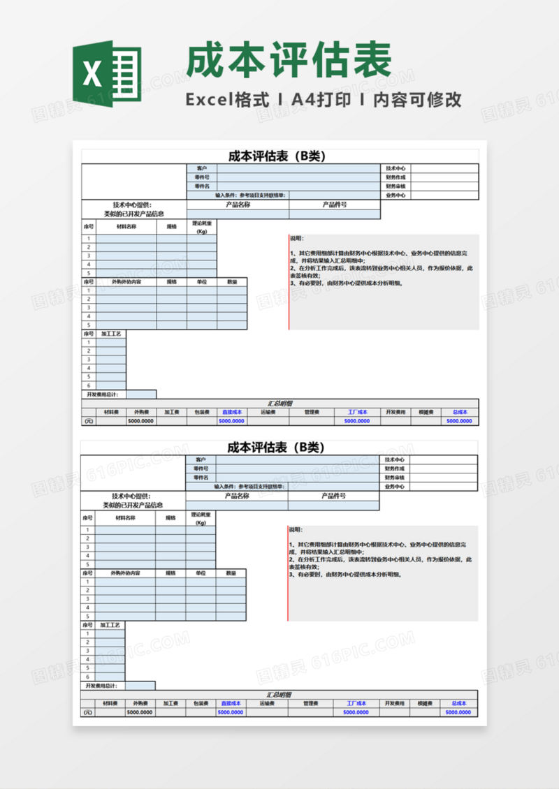 成本评估表execl模板