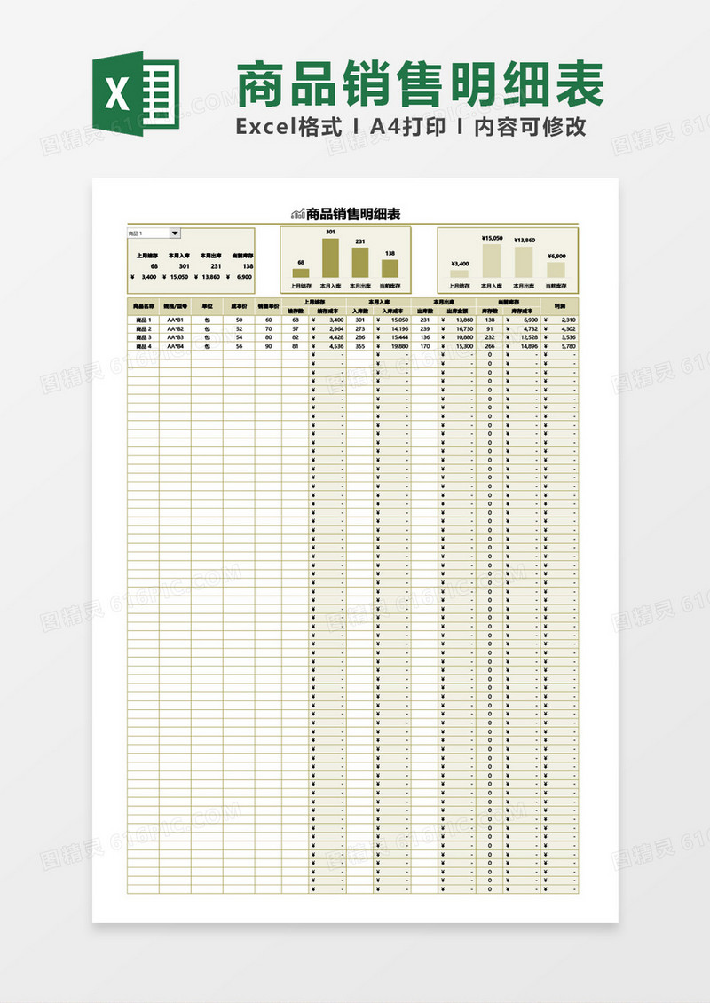 商品销售明细表excel模板