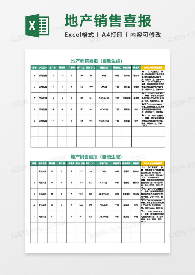 地产销售喜报表excel模板