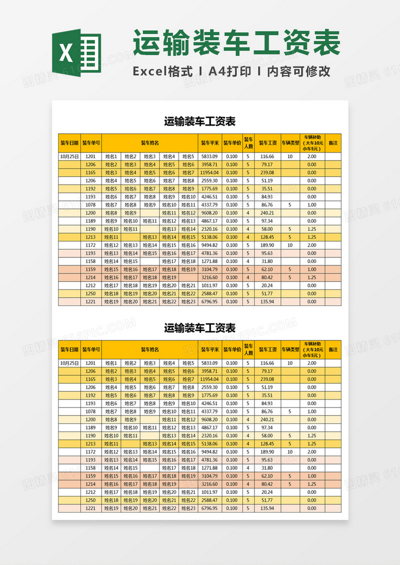 黄色简约运输装车工资表excel模板