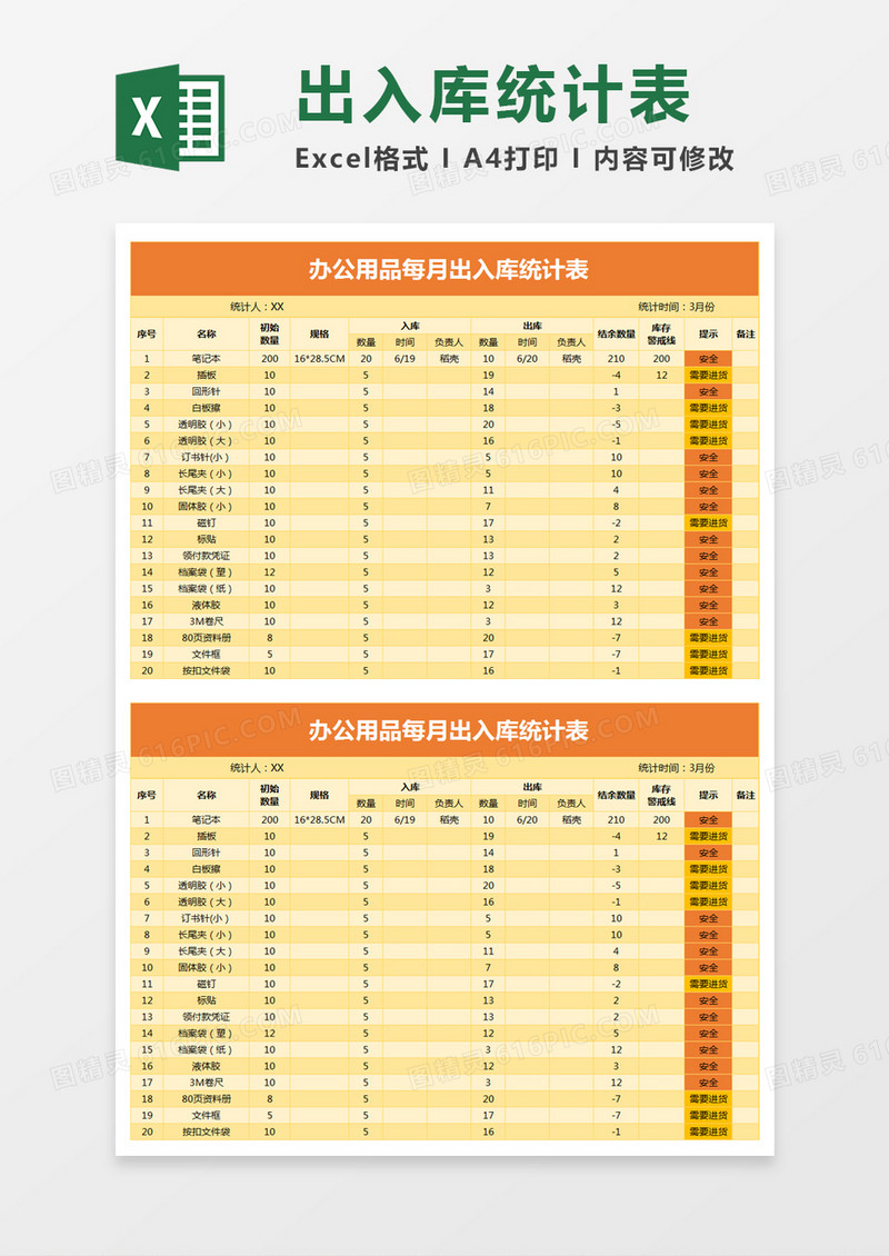 简约办公用品出入库统计表excel模板