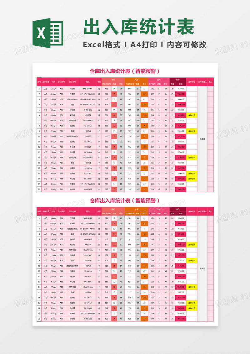 粉色简约仓库出入库统计表excel模板