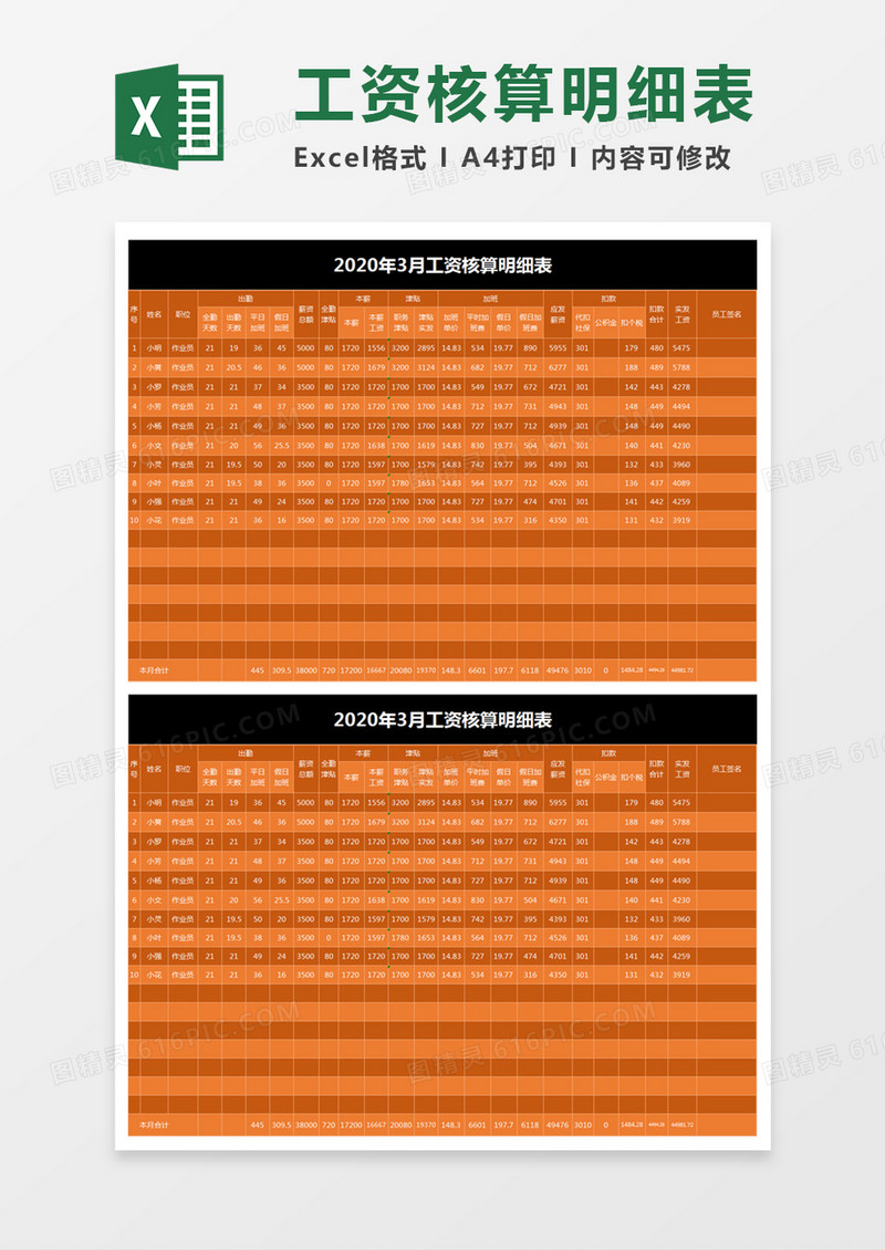 黄色简约工资核算明细表excel模板