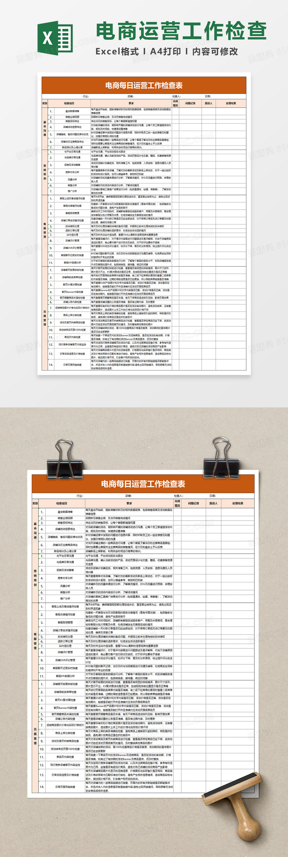 简单电商每日运营工作检查表excel模板