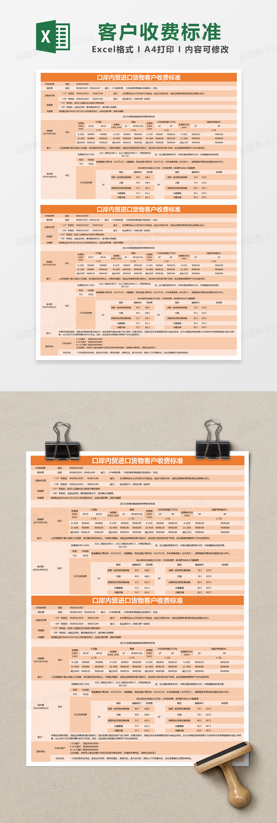 橙色简约口岸内贸进口货物客户收费标准登记表excel模版
