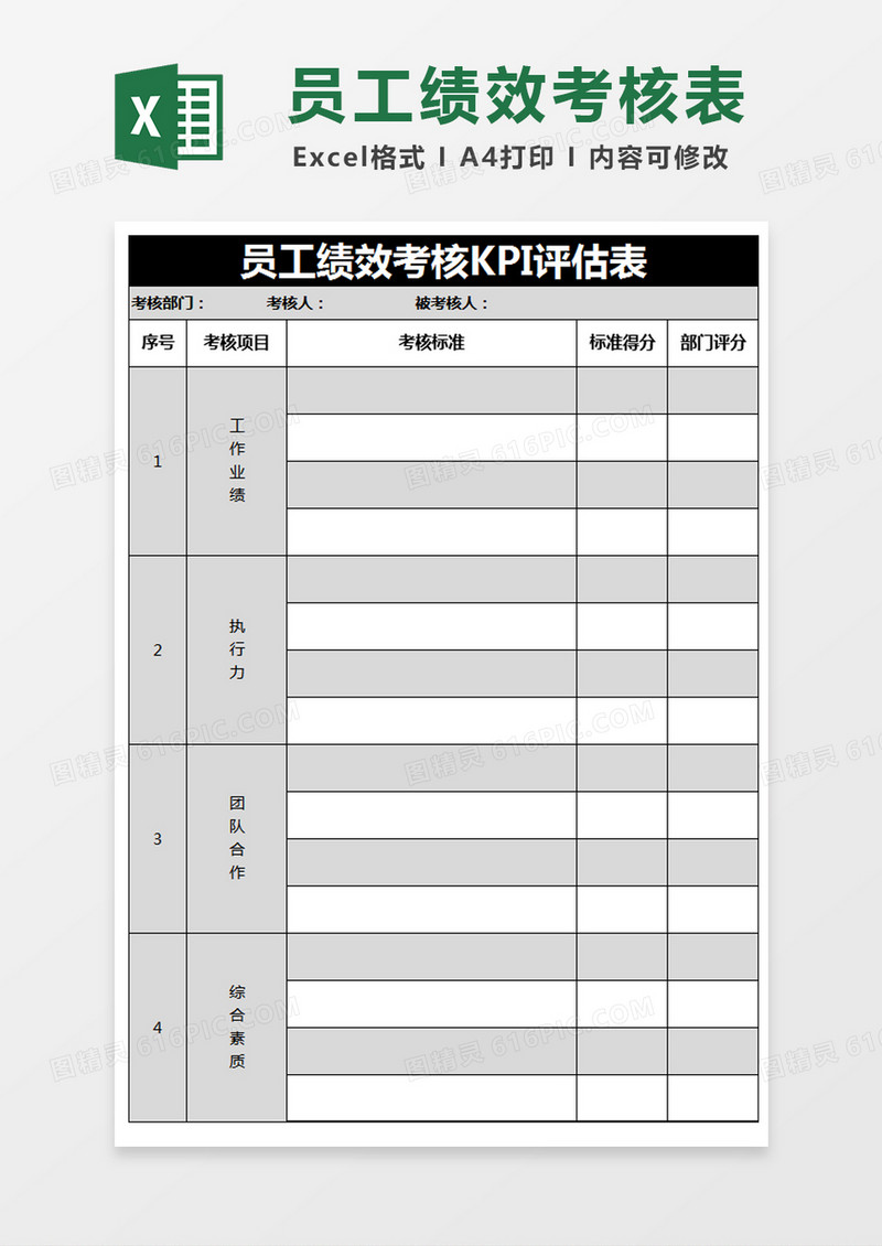 黑色简约员工绩效考核KPI评估表excel模版