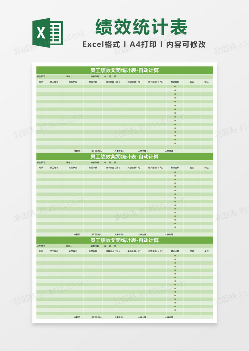 绿色简约员工绩效奖罚统计表-自动计算excel模版